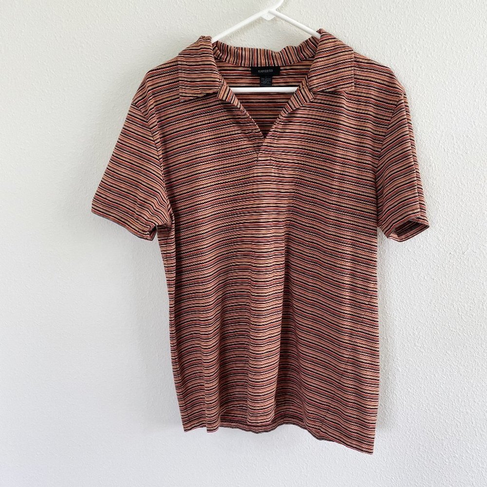 Express Polo Shirt Mens Size L‎ Orange Striped Short Sleeve Stretch Casual